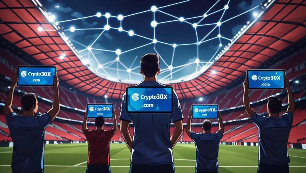 A football stadium with fans holding digital screens showing Crypto30x.com and AC Milan logos, representing the integration of blockchain and sports.