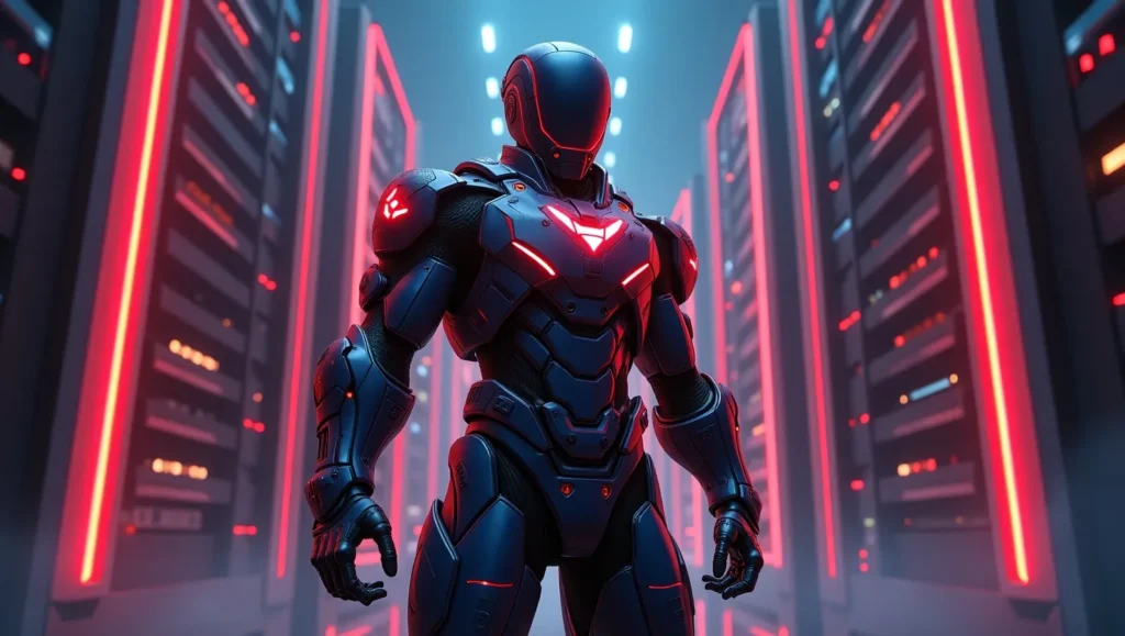 A futuristic cyber warrior standing before a blockchain-powered data center, symbolizing Crypto30x.com blockchain  GG’s dominance in security and scalability.