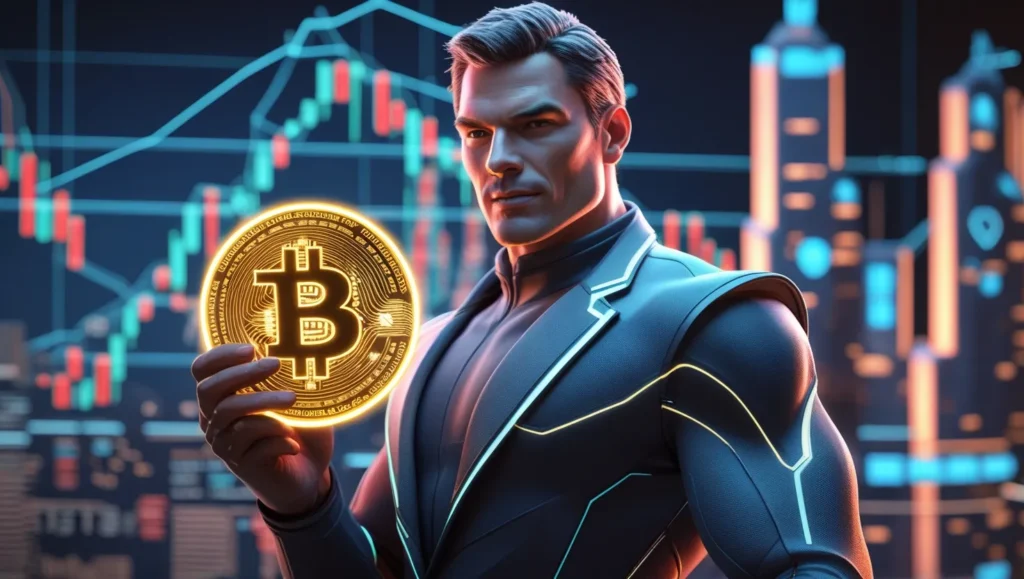 A powerful figure holding a Crypto30x.com Gigachad coin, with blockchain skyscrapers and financial charts in the background, representing leadership in decentralized finance.