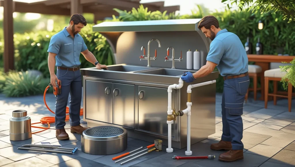 A realistic 3D render showcasing the installation steps for a grease trap for an outdoor bar sink