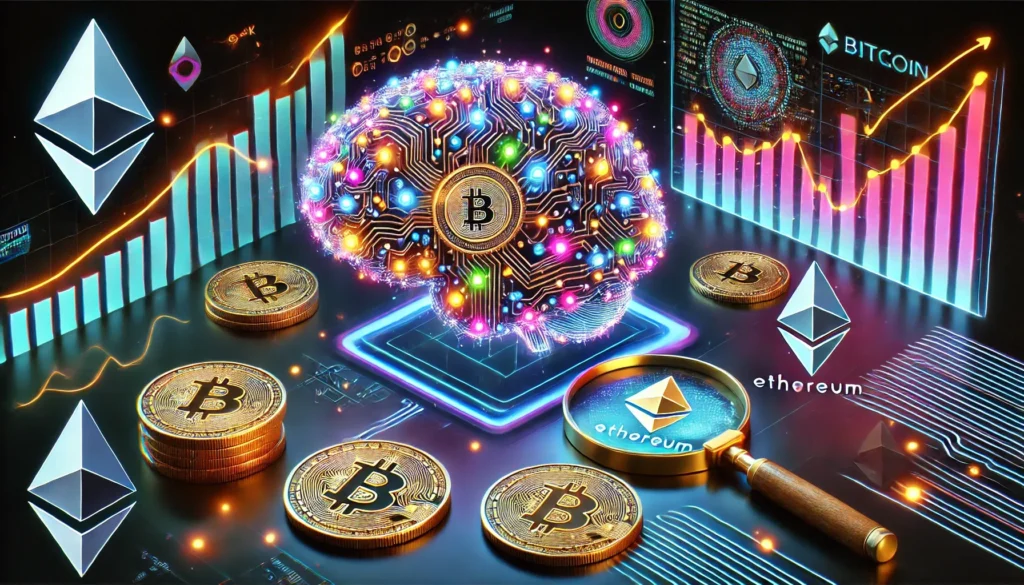 Futuristic AI brain with glowing circuit patterns, surrounded by crypto coins Life2Vec Crypto