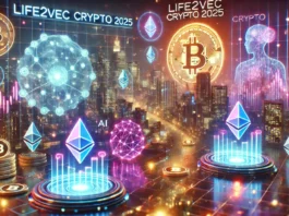 Life2Vec Crypto 2025 text, neon crypto symbols (Bitcoin, Ethereum) floating in the background