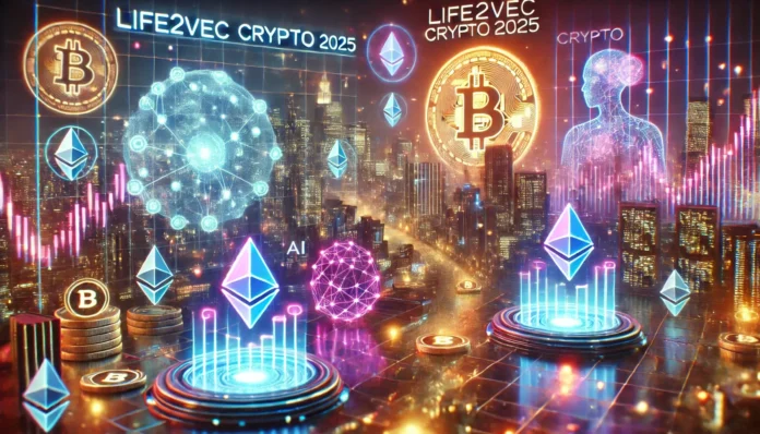 Life2Vec Crypto 2025 text, neon crypto symbols (Bitcoin, Ethereum) floating in the background