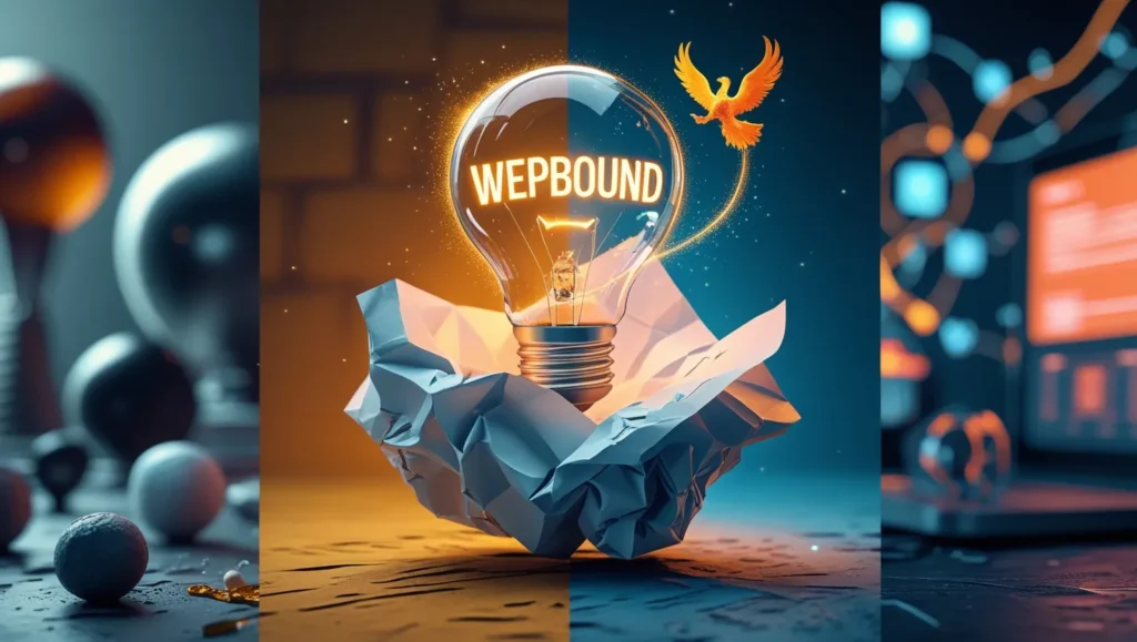 Crumpled 'Wepbound' paper morphs into a lightbulb, symbolizing accidental innovation bridging past discoveries and future tech.